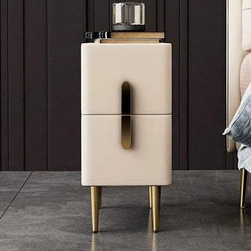 Beige Bedroom Nightstand Storage Bedside Table with 2 Drawers in Gold Legs
